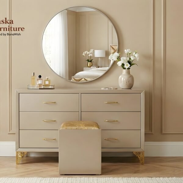 Classic Dressing Table with Round Mirror & Stool