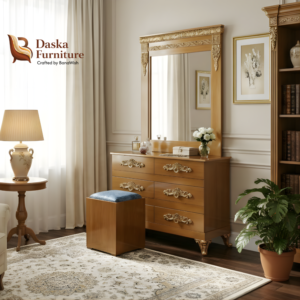 Antique Wood Dressing Table with Mirror and Padded Matching Stool