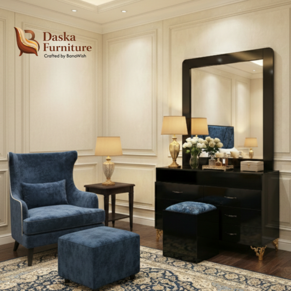 Modern Black Dressing Table with Mirror and Blue Padded Stool