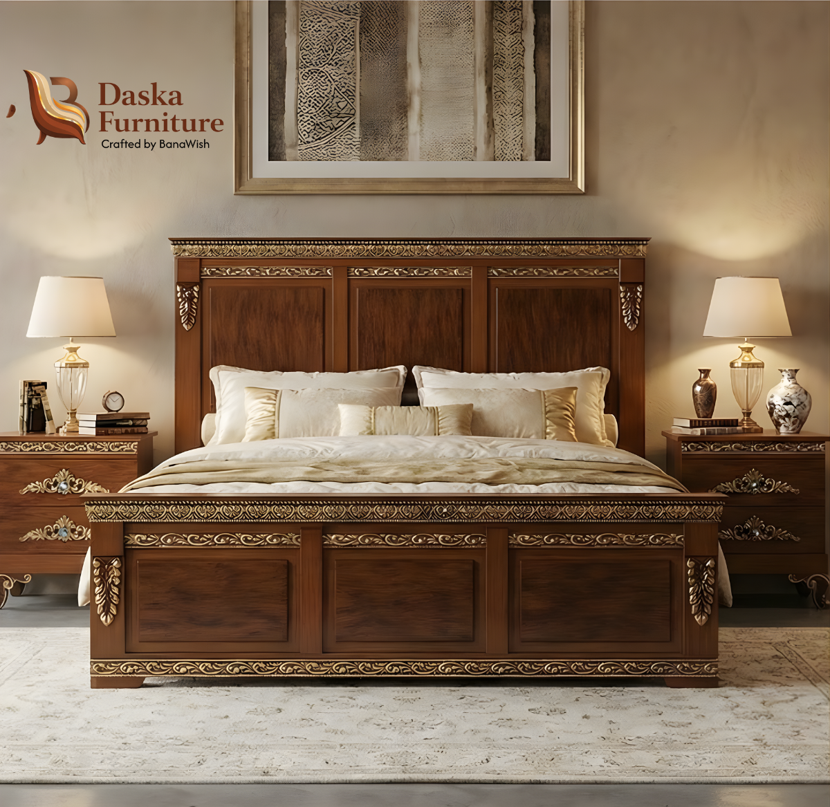 Royal Antique Bedroom Set (King Size Bed, Side Tables & Dressing Table)