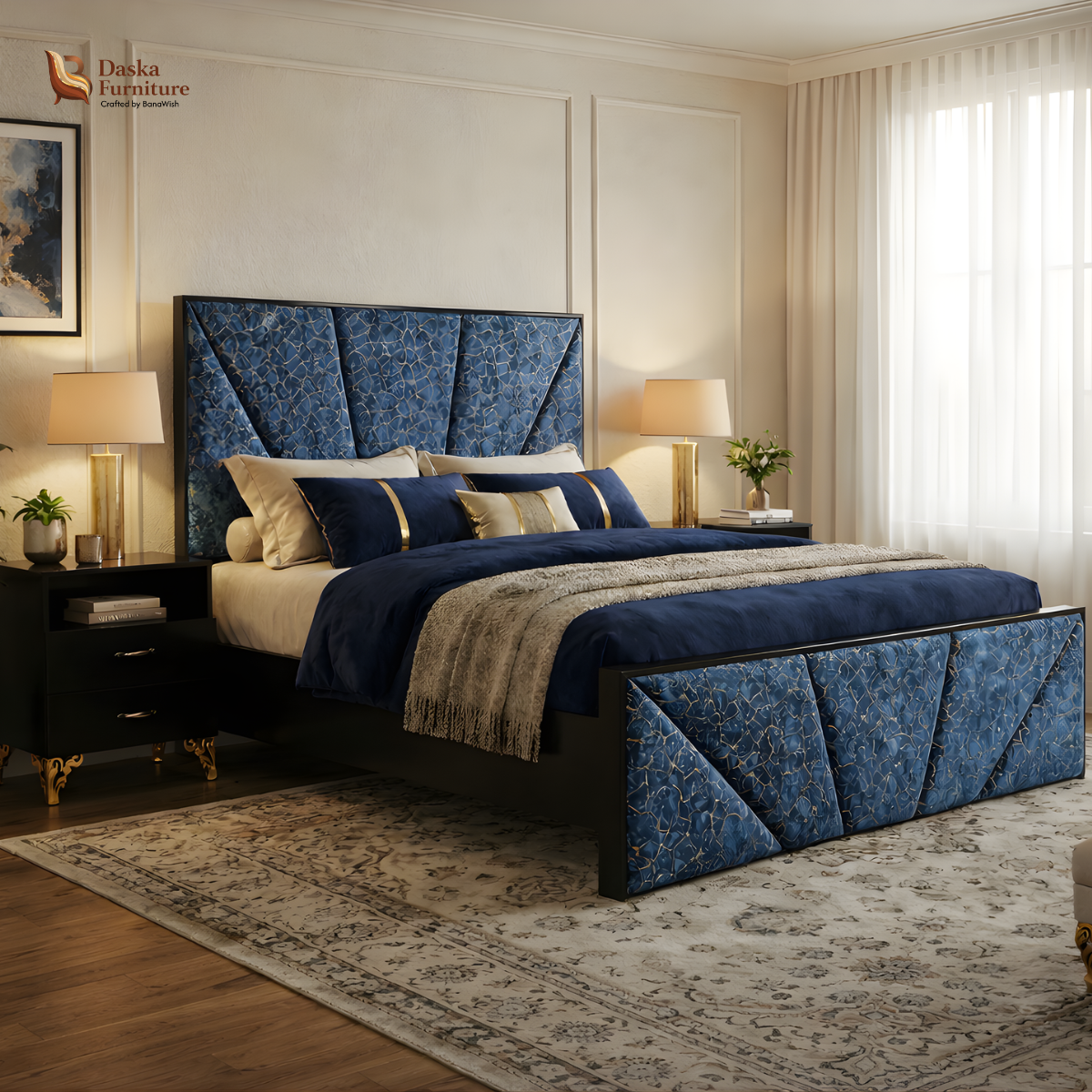 Modern Royal Blue Textured Bed Set with Matching Dressing Table