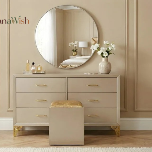 Classic Dressing Table with Round Mirror & Stool