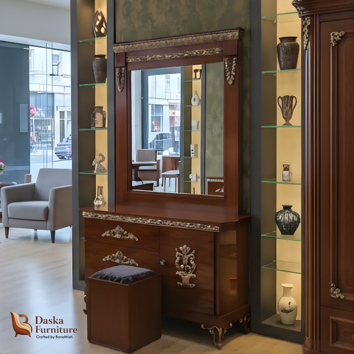 Royal Antique Bedroom Set (King Size Bed, Side Tables & Dressing Table) - Image 2