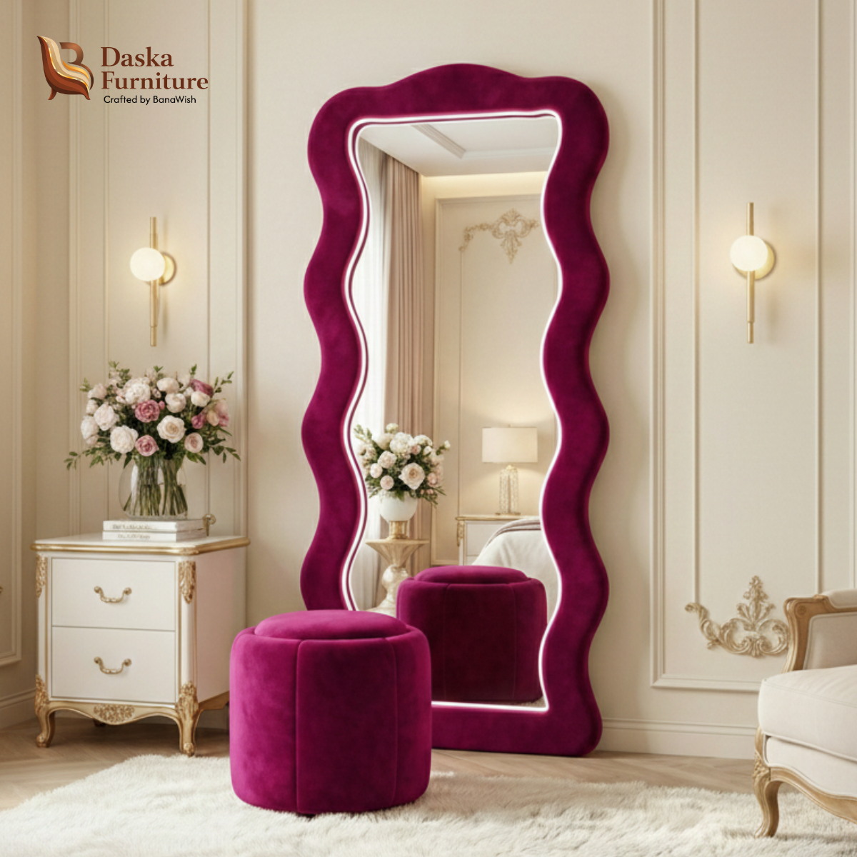 Purple Velvet Wavy Dressing Mirror with neon light and Matching Stool