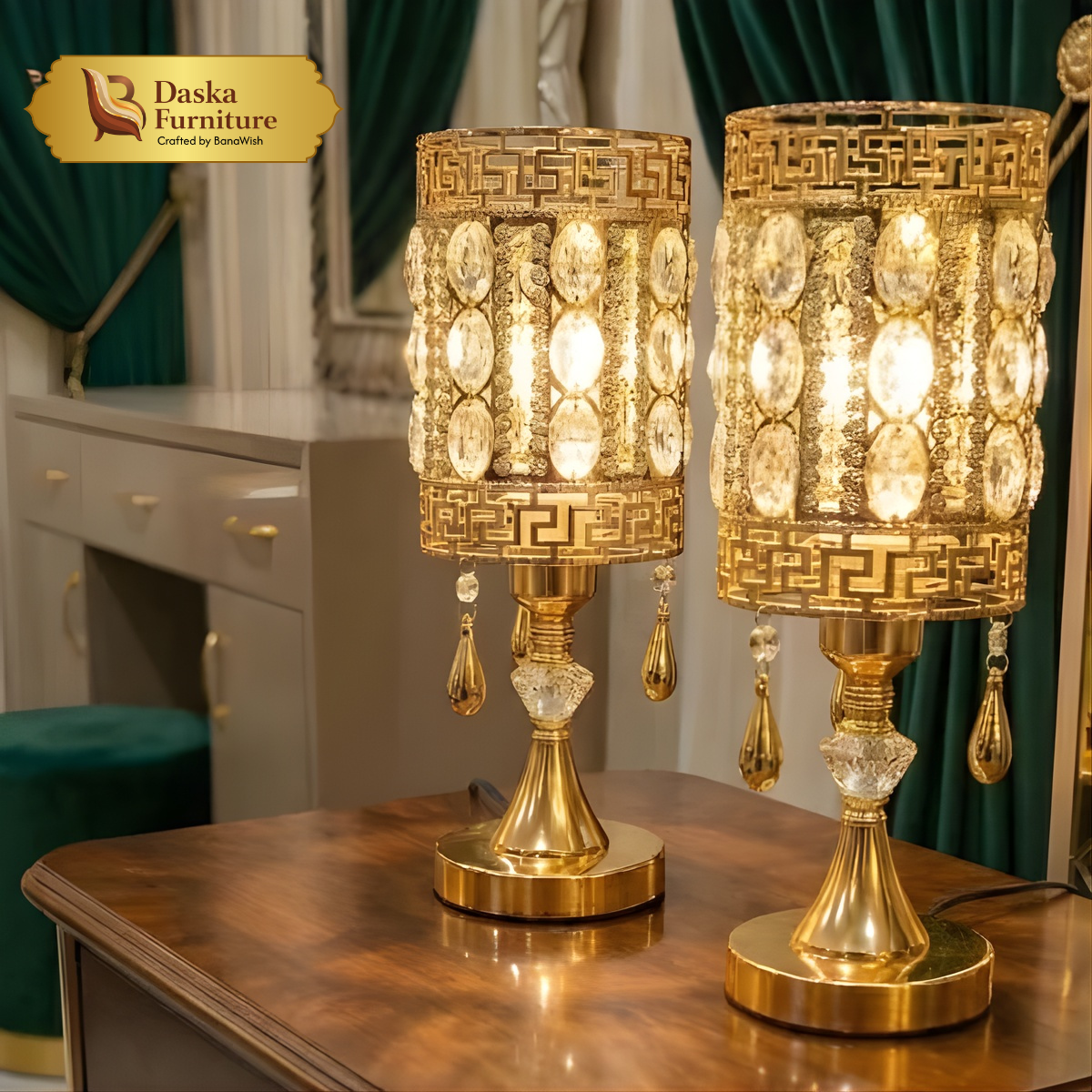 Luxurious Pair of Gold Crystal Table Lamps